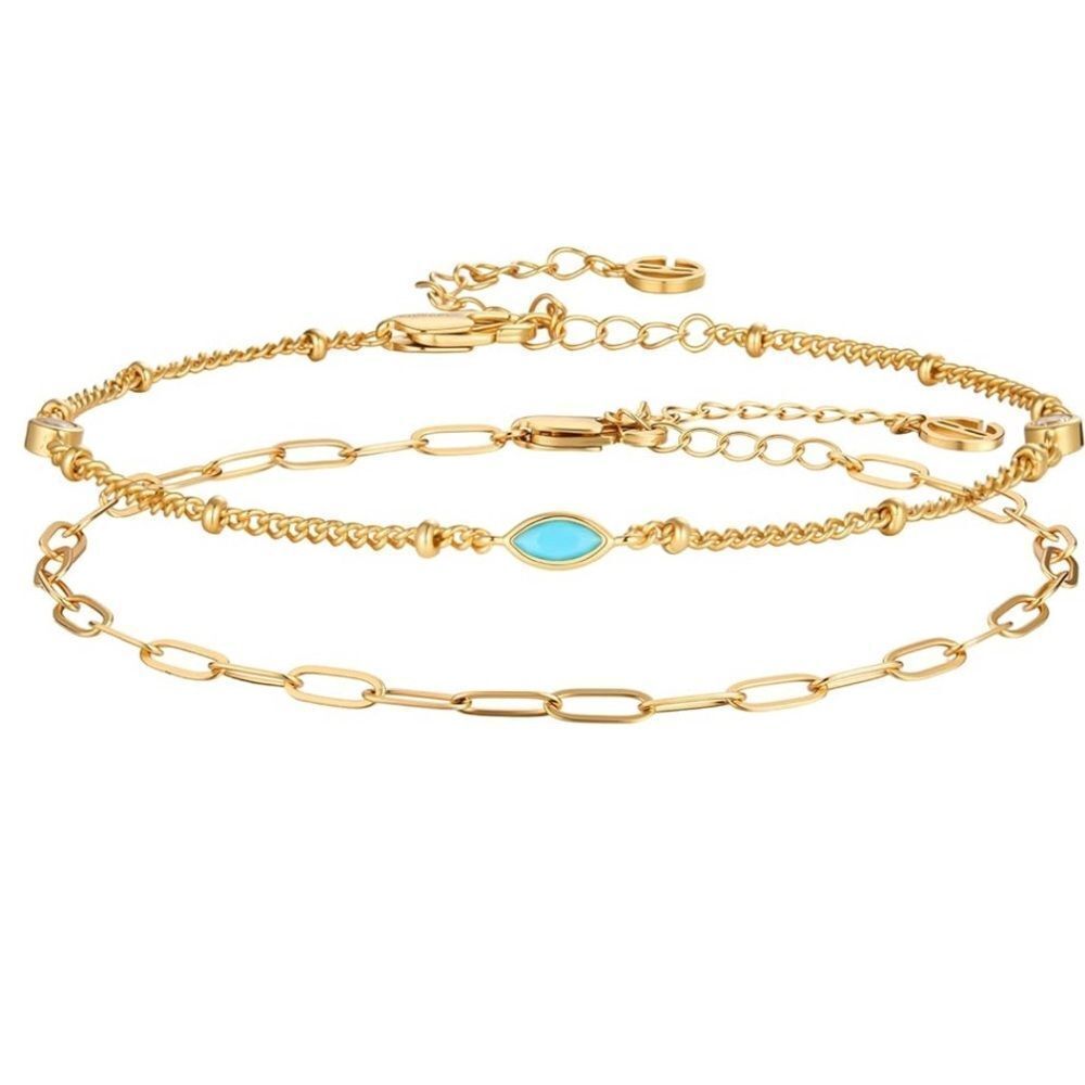 NEW Elegant 14k Gold Plated and Turquoise Ankle Bracelet Set